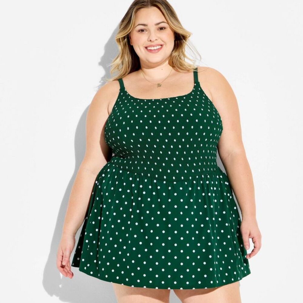 Women's Polka Dot Smocked Dress - JoyLab Green Polka Dot 1X